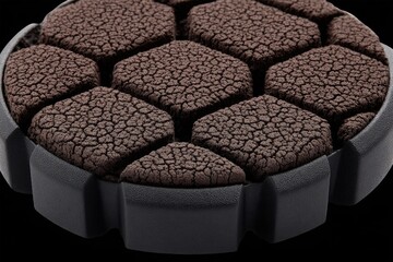 Close-up of a dark brown, hexagonal, textured disc with a dark gray border