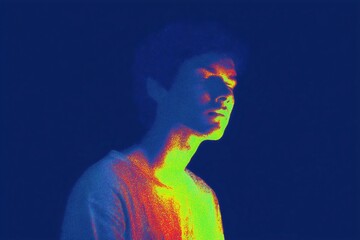 A thermal-style image displays a person's emotions as different colors in the body. This image symbolizes the mind-body connection and how emotions manifest physically