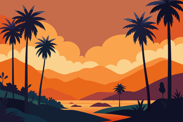 Vibrant sunset over a tropical landscape with silhouetted palm trees and mountains