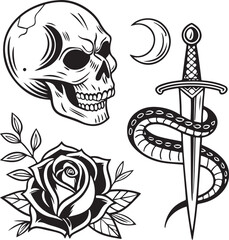 Black and White Traditional Tattoo Style Set with Skull, Snake, Dagger, Rose and Moon Elements
