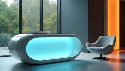 Modern reception desk with glowing blue light and minimalist chair in a stylish office lobby