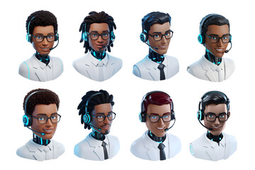 AI Chatbot Blue Eyes,  African Male Robot with Human Face Characters Set Wearing Glasses and Headset for Customer Support Isolated in White Background