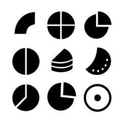Abstract Pie Icons. Solid, filled icon set of abstract pie shapes: curved slice, segmented circle, wedge piece, circle division,