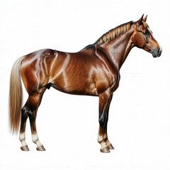 Obraz premium Majestic Horse Profile: A powerful and elegant chestnut-colored horse stands proud, showcasing its graceful physique and luxurious coat in a meticulously detailed side profile.
