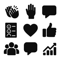 Fototapeta premium Audience Engagement Icons. Solid, filled icon set of audience engagement: clapping hands, raised hand, speech bubble, feedback