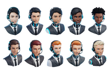 AI Chatbot Blue Eyes, Male Robot with Human Face Characters Set and Headset for Customer Support Isolated in White Background