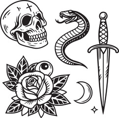 Black and White Traditional Tattoo Style Set with Skull, Snake, Dagger, Rose and Moon Elements
