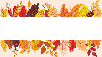 Horizontal template with autumn colorful leaves and copy space. Blank fall atmosphere banner for sale, invitation, advertising and other seasonal design, vector graphic
