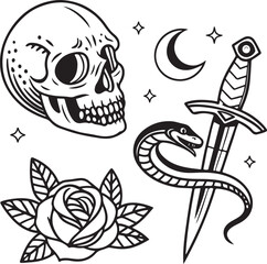 Black and White Traditional Tattoo Style Set with Skull, Snake, Dagger, Rose and Moon Elements