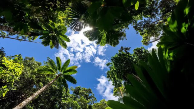 A dynamic rotating view looking up through a lush tropical jungle canopy at palm trees and a sunny sky.