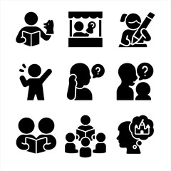 Icon Collection Grids. Solid, filled icon set of storytime activities: reading aloud, puppet show, drawing, acting, listening,