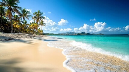 Beautiful tropical beach with clear turquoise water, white sand, and palm trees under blue skies.
