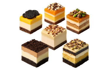 Assortment of five delicious layered desserts isolated on transparent background