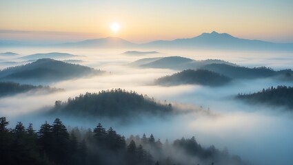 Fototapeta premium Misty mountain peaks emerge from a sea of fog at sunrise with a golden sunbeam