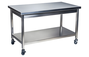 Stainless steel work table with lower shelf and wheels isolated on transparent background