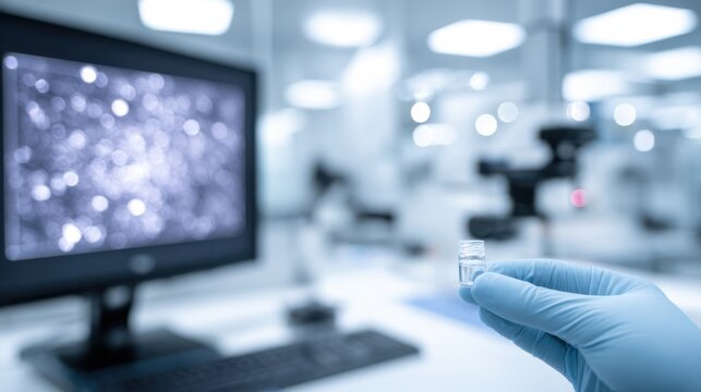 Gloved hand with vial and live stem cell imaging display