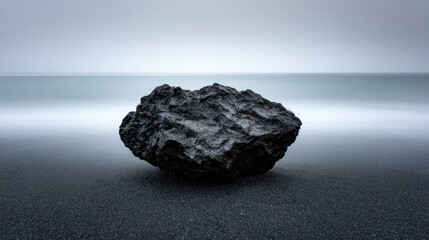 Naklejka premium Solitary dark rock on a black sand beach.