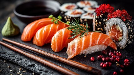 Salmon Sushi and Maki: Delicious Presentation of Japanese Cuisine