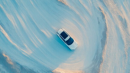 Top-down view of a sleek white automobile navigating a vast, artistic desert terrain with wind-sculpted ripples, representing serene exploration and journey, ideal for automotive advertisement.