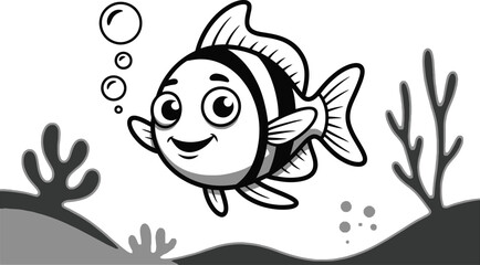 Fototapeta premium Cartoon clownfish swimming with coral and bubbles cute