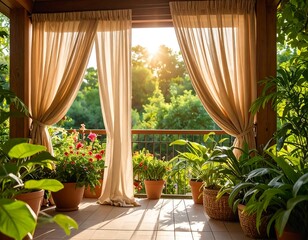 Obraz premium Sun-drenched patio with sheer curtains
