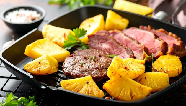 Grilled steak with pineapple and potatoes - Powered by Adobe