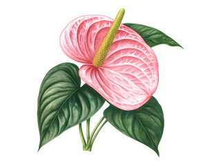 Pink anthurium flower with green leaves isolated on transparent background