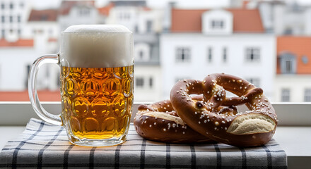 Full beer mug with foam and two pretzels on a windowsill in a banner template for beer bar advertising social media food and drink delivery and Oktoberfest with copyspace.