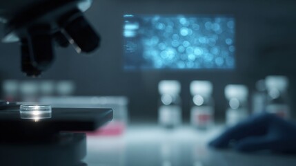 Gloved fingers adjusting microscope with digital display of stem cell development