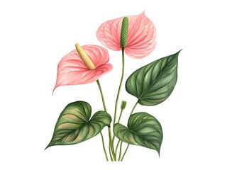 Pink anthurium flowers and leaves isolated on transparent background