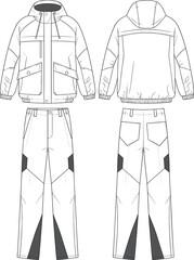 Technical jacket and pants flat cad drawing, front and back vector sketch, cargo pockets, winter wear, fashion design illustration