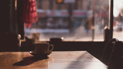A steaming cup of coffee on a cafe table, warmed by morning sunlight.