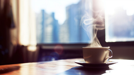 A steaming cup of coffee on a cafe table, warmed by morning sunlight.