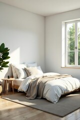 Bright airy bedroom White walls, comfy bed, simple furniture , lamp, bright, real photo