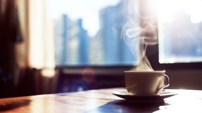 A steaming cup of coffee on a cafe table, warmed by morning sunlight.