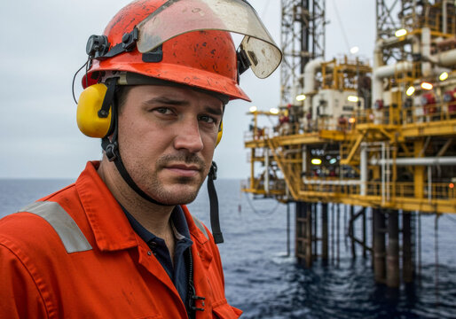 Oil rig worker on offshore platform during cloudy day at sea, focused on operations and safety procedures
