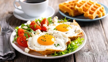 Sunny-Side Up Eggs with Salad and Waffles: A Vibrant Breakfast