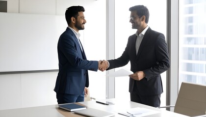 _Indian friendly ceo businessman hr director holding job contract hiring welcoming .