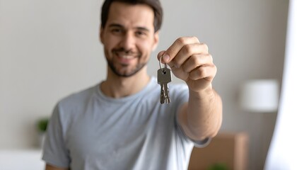 _Young single man tenant renter first time home owner holding key to new apartment .