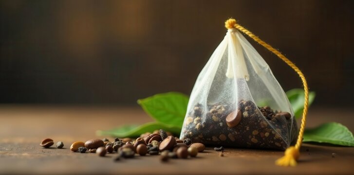 Single tea bag with yellow string tag, ready to brew , hot drink, string, mockup