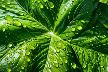 Fresh Green Leaf with Water Drops Close-up
