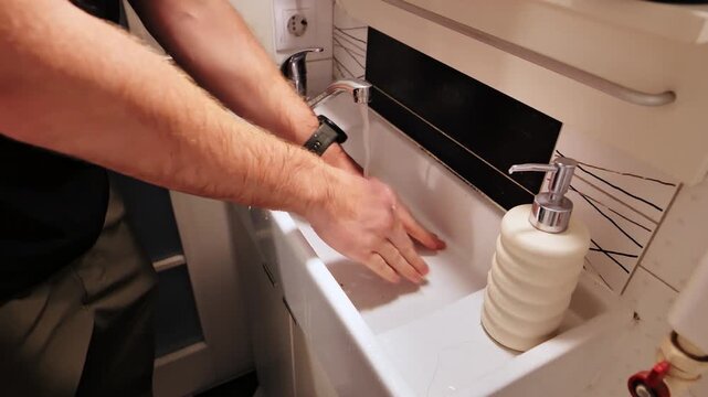 Man cleans tiny Khrushchyovka sink under running water in Northern Europe