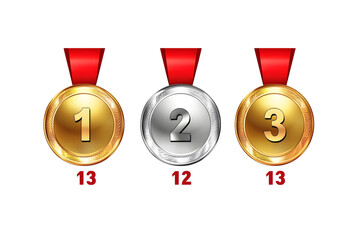Gold silver and bronze medals for first second and third place isolated on transparent background