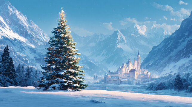 
A pristine snowy landscape showcases a majestic Christmas tree standing in the foreground. Behind the tree, a series of magnificent, intricate castles rise, their spires and towers reaching skyward

 - Powered by Adobe