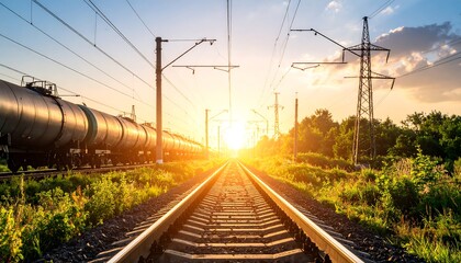 Fototapeta premium Train tracks extending into a sunset