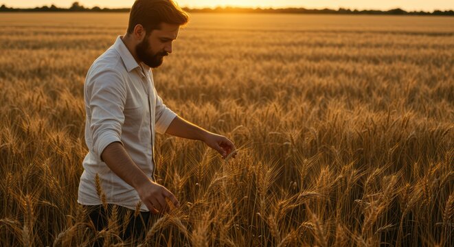 Experienced farmer inspects golden wheat field at sunset feeling the crops with his hand