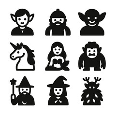 Fantasy Icon Collection. Solid, filled icon set of fantasy storybook figures: elf, dwarf, goblin, unicorn, mermaid, troll,