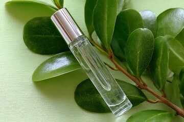 Rollerball bottle with clear design and silver cap by leaves  
