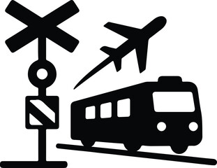 Silhouette travel transportation concept train airplane crossing sign vector illustrator