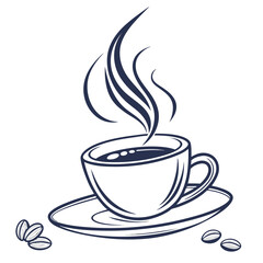 Stylized illustration of a steaming cup of coffee with coffee beans